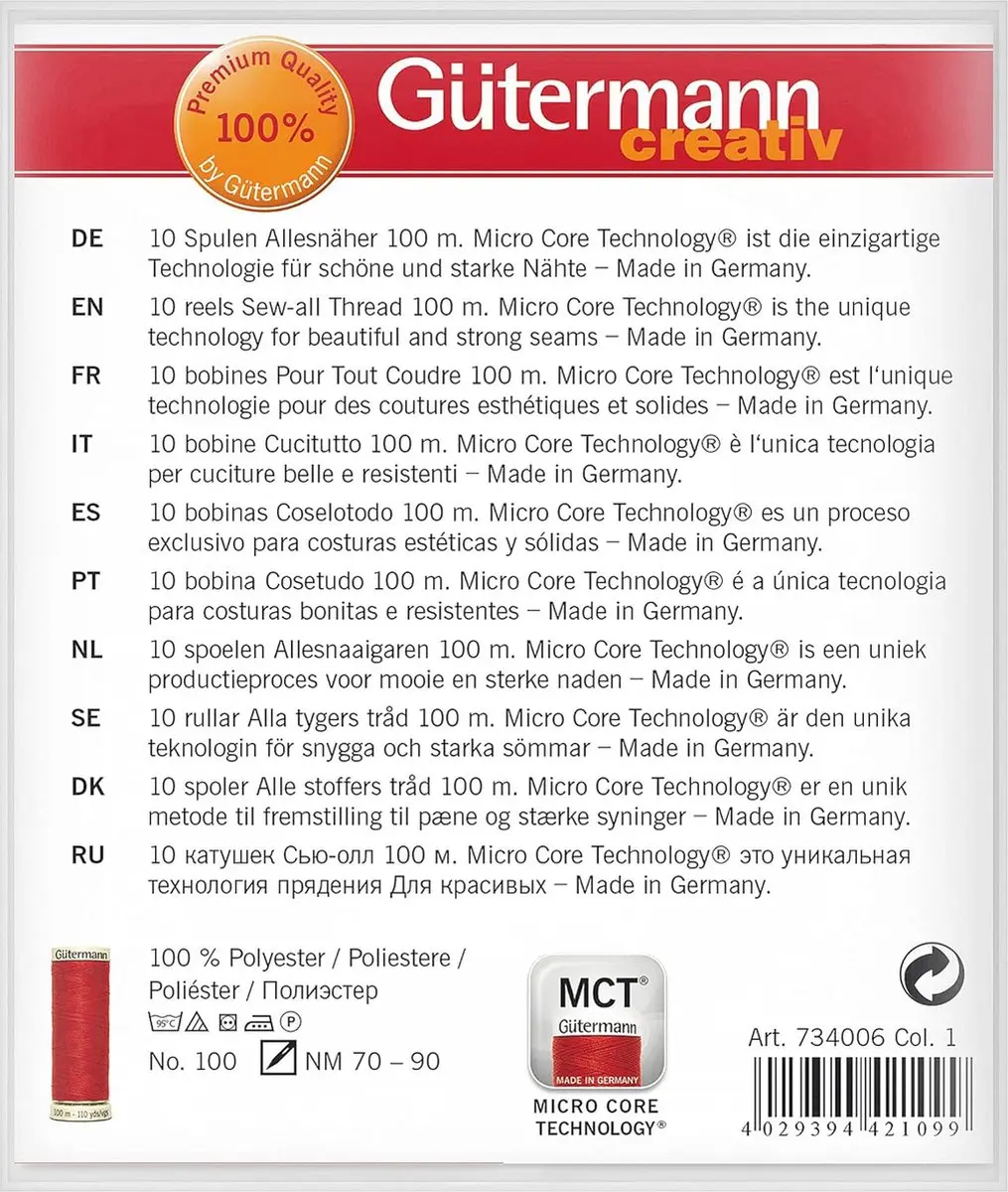 Gutermann Allesnaaigaren Set 10 Spoelen 100m - Basiskleuren