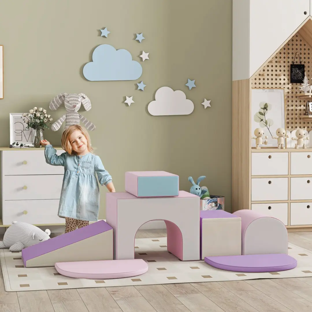 Homcom Kids Soft Play Set 170x130x40cm - Roze/Paars/Blauw/Grijs