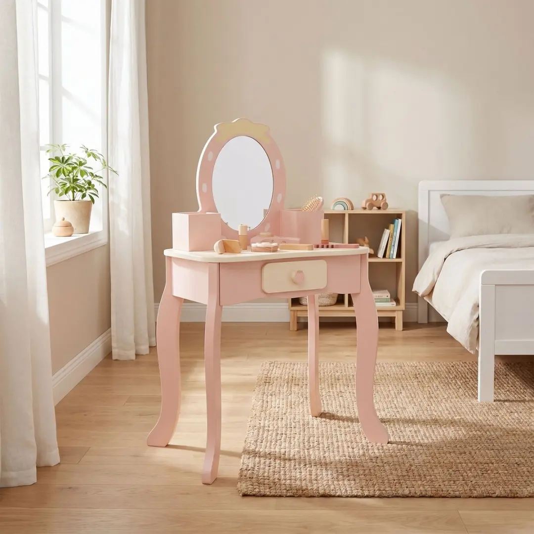 Tooky Toy Houten Kaptafelset Aardbei - 16-delige Accessoires - Roze/wit