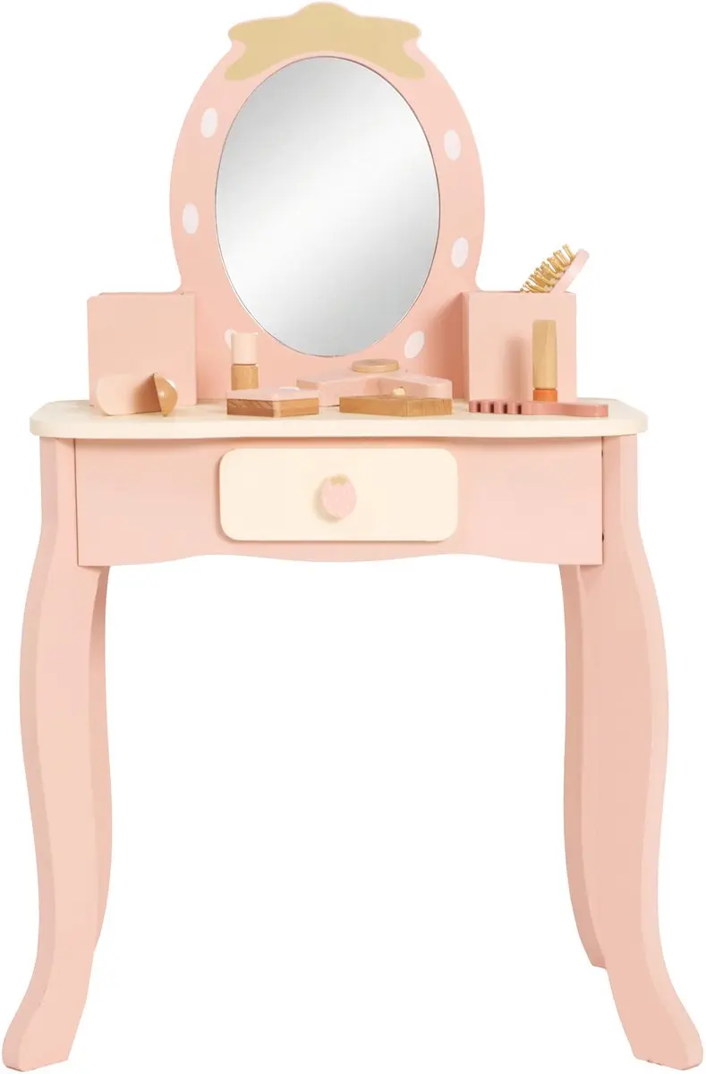Tooky Toy Houten Kaptafelset Aardbei - 16-delige Accessoires - Roze/wit