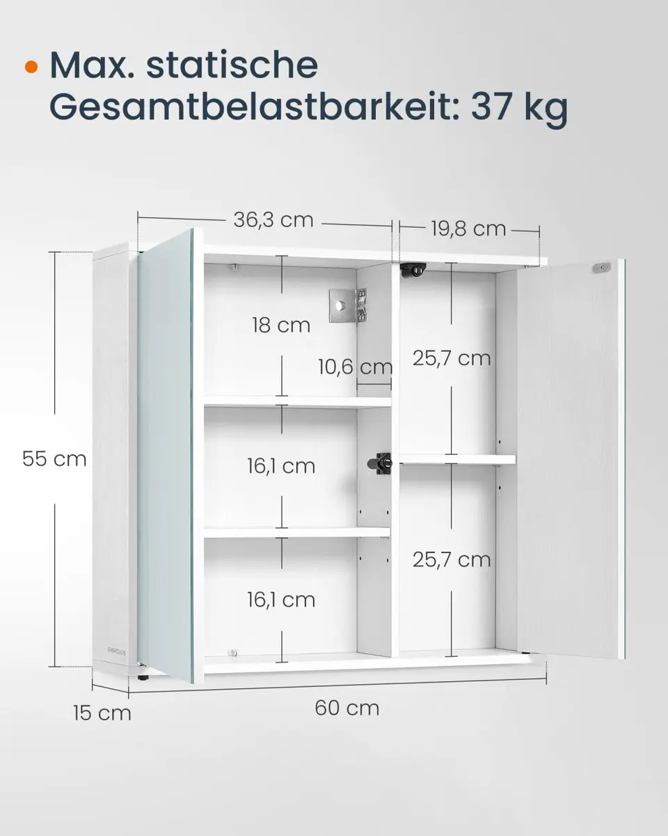 Songmics Badkamerspiegelkast 15x60x55cm - Wit - afbeelding 6 van 6