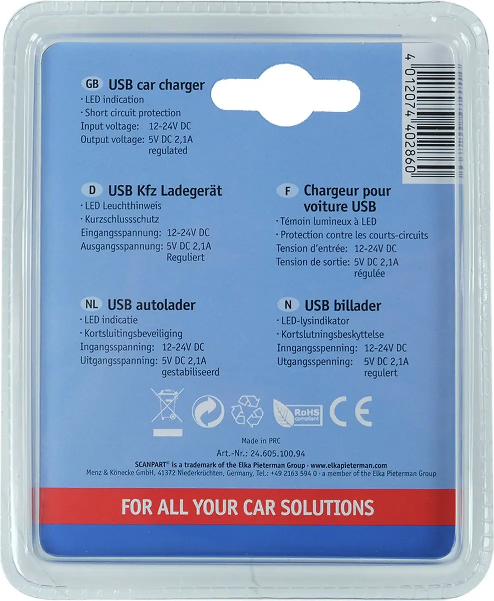 Scanpart USB Auto Adapter 2460510094 - 1x USB 2100mA - Zwart