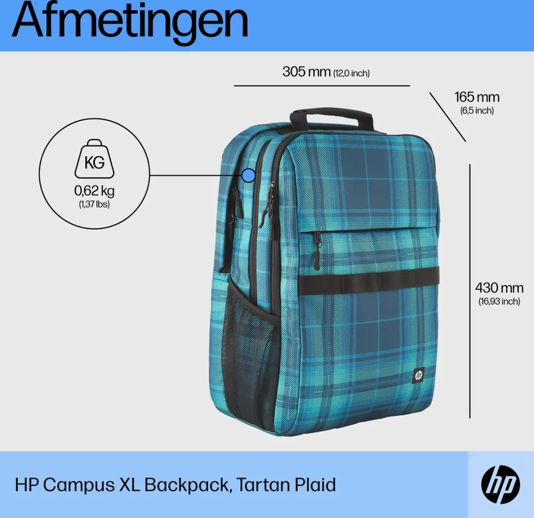 HP Campus XL Backpack 7J594AA - 16 inch - Ruitmotief Blauw - afbeelding 4 van 6