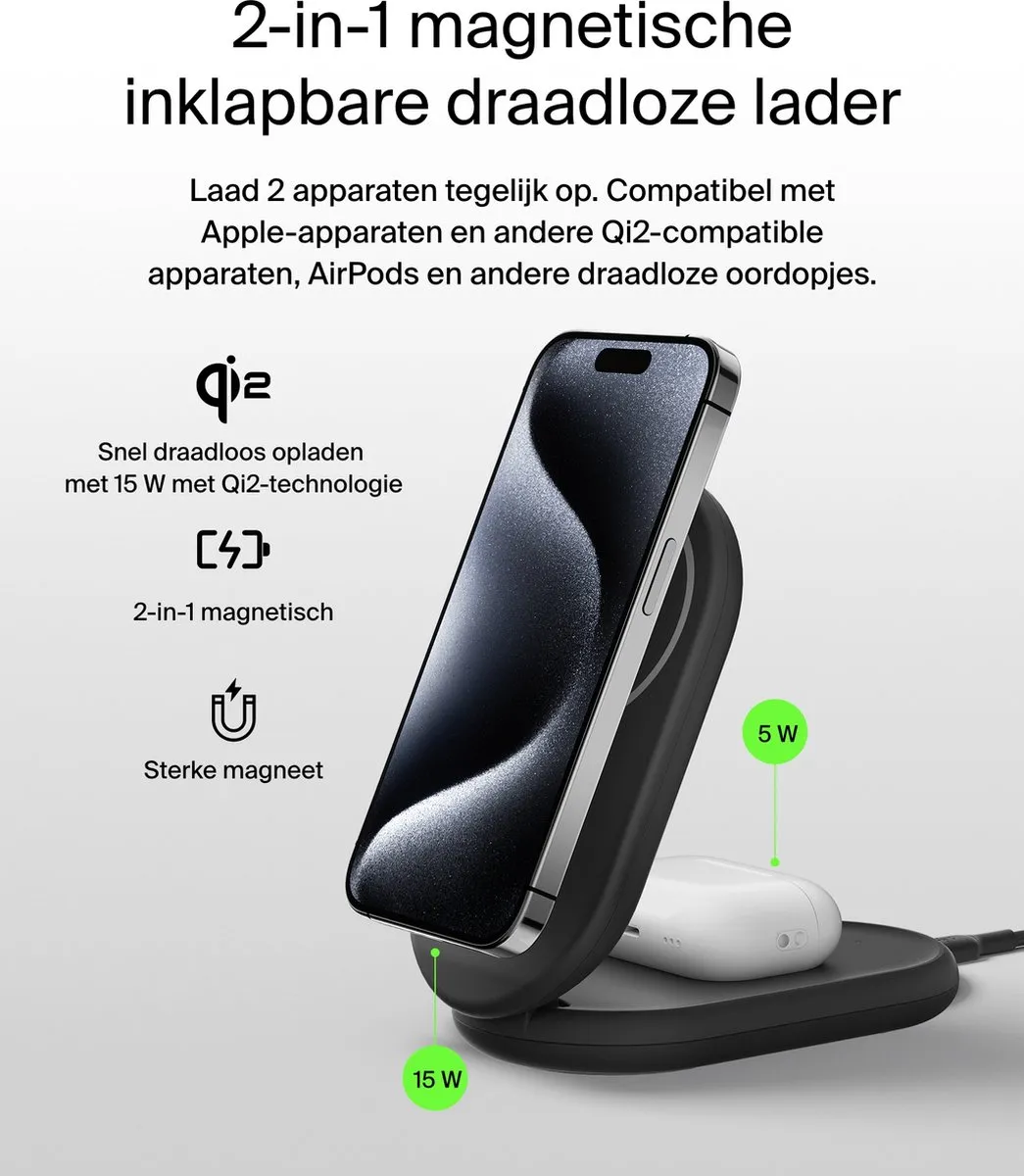 Belkin WIZ028vfBK 2-in-1 Draadloze Lader Qi2 15W - Zwart