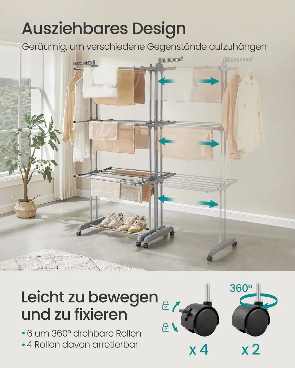 Songmics Wasdroger 4-laags Duifgrijs - 63,5x128x173cm - afbeelding 3 van 6
