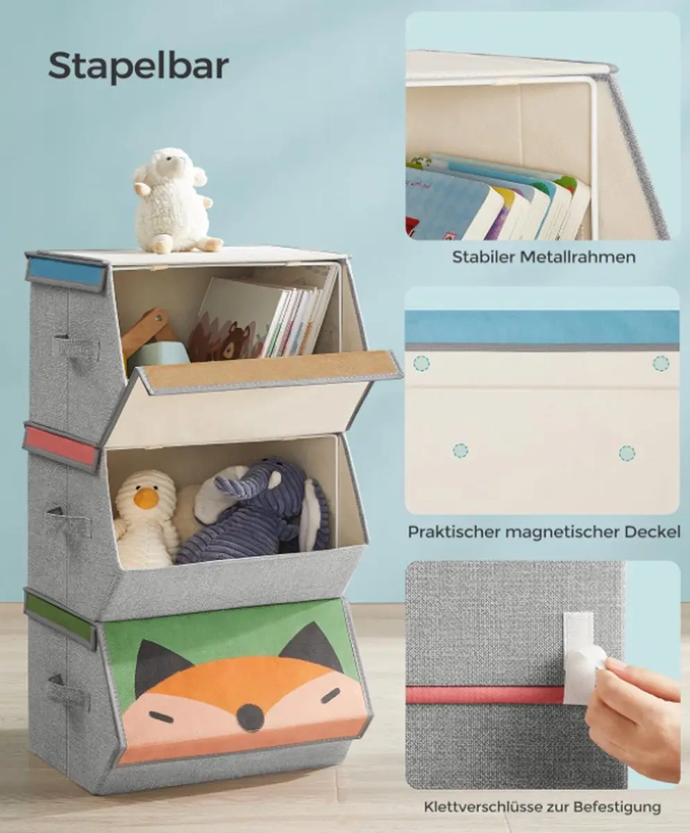 Orion Opvouwbare Opbergdozen Set 3 - Magnetisch Deksel - Dierenmotieven - Roze/Blauw/Groen/Grijs