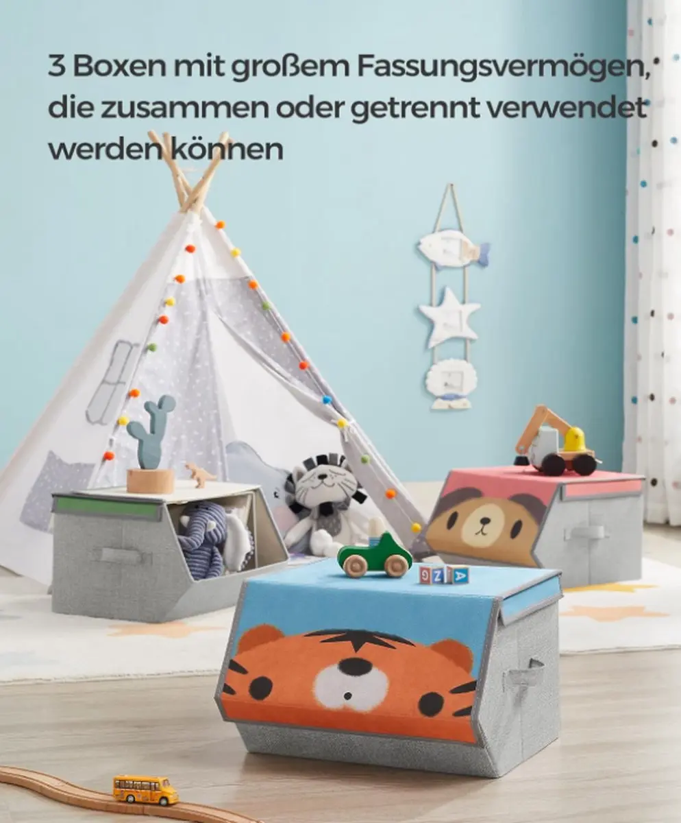 Orion Opvouwbare Opbergdozen Set 3 - Magnetisch Deksel - Dierenmotieven - Roze/Blauw/Groen/Grijs