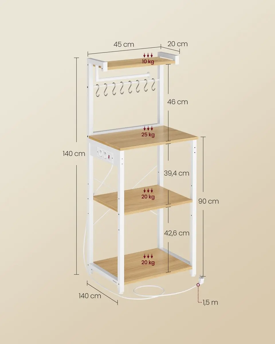 Songmics Keukenrek 4 lagen - 40x45x140cm - Goud eiken/Wolkenwit - afbeelding 6 van 6