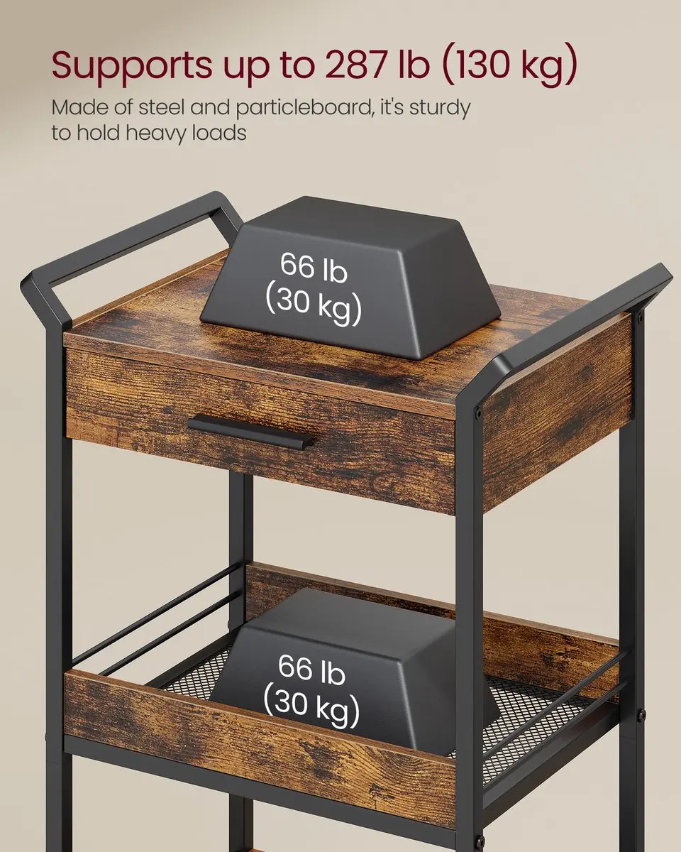 Songmics Rolwagen 4-laags - Hout/Metalen constructie - Rustiek bruin & inktzwart