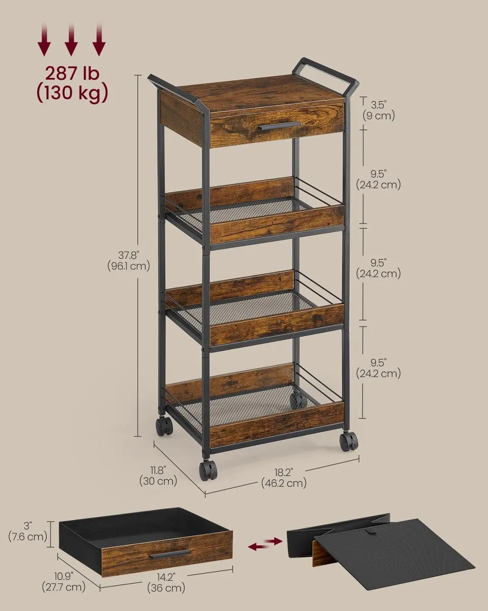 Songmics Rolwagen 4-laags - Hout/Metalen constructie - Rustiek bruin & inktzwart