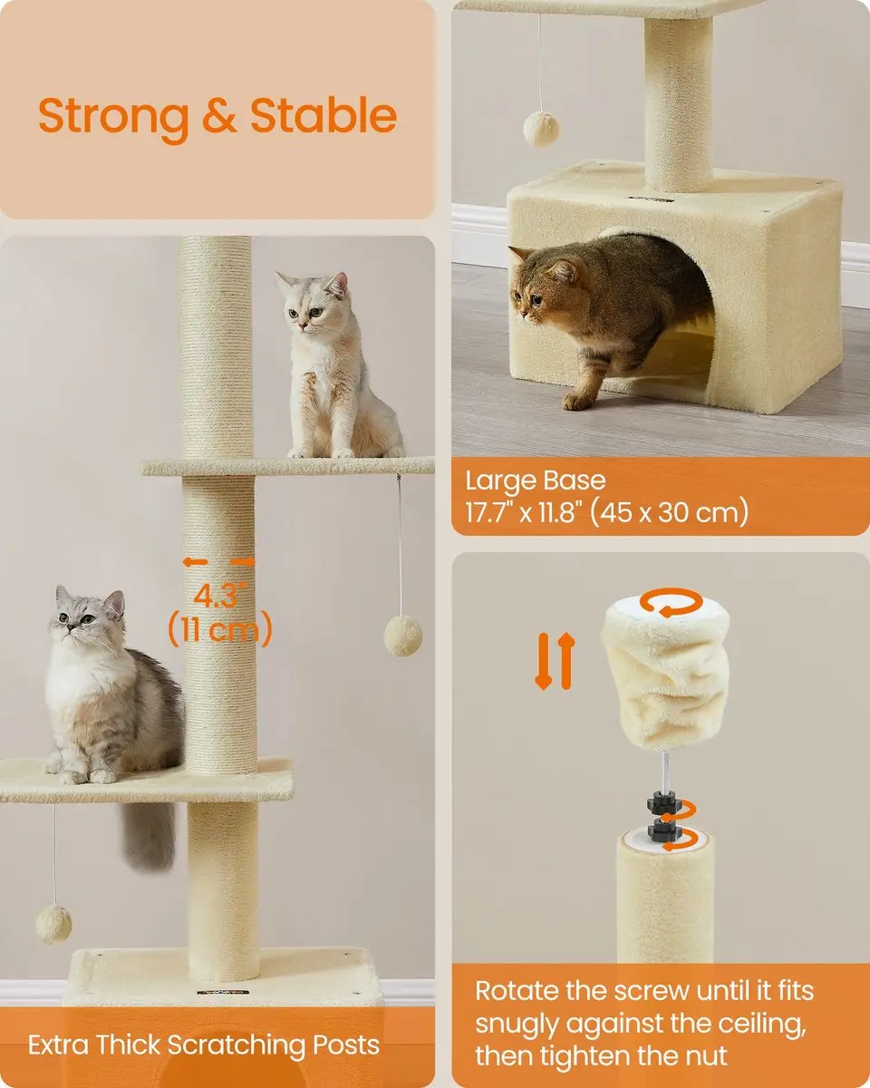 Songmics Kattenkrabpaal Beige - Verstelbaar met krabpalen, grot & hangmat