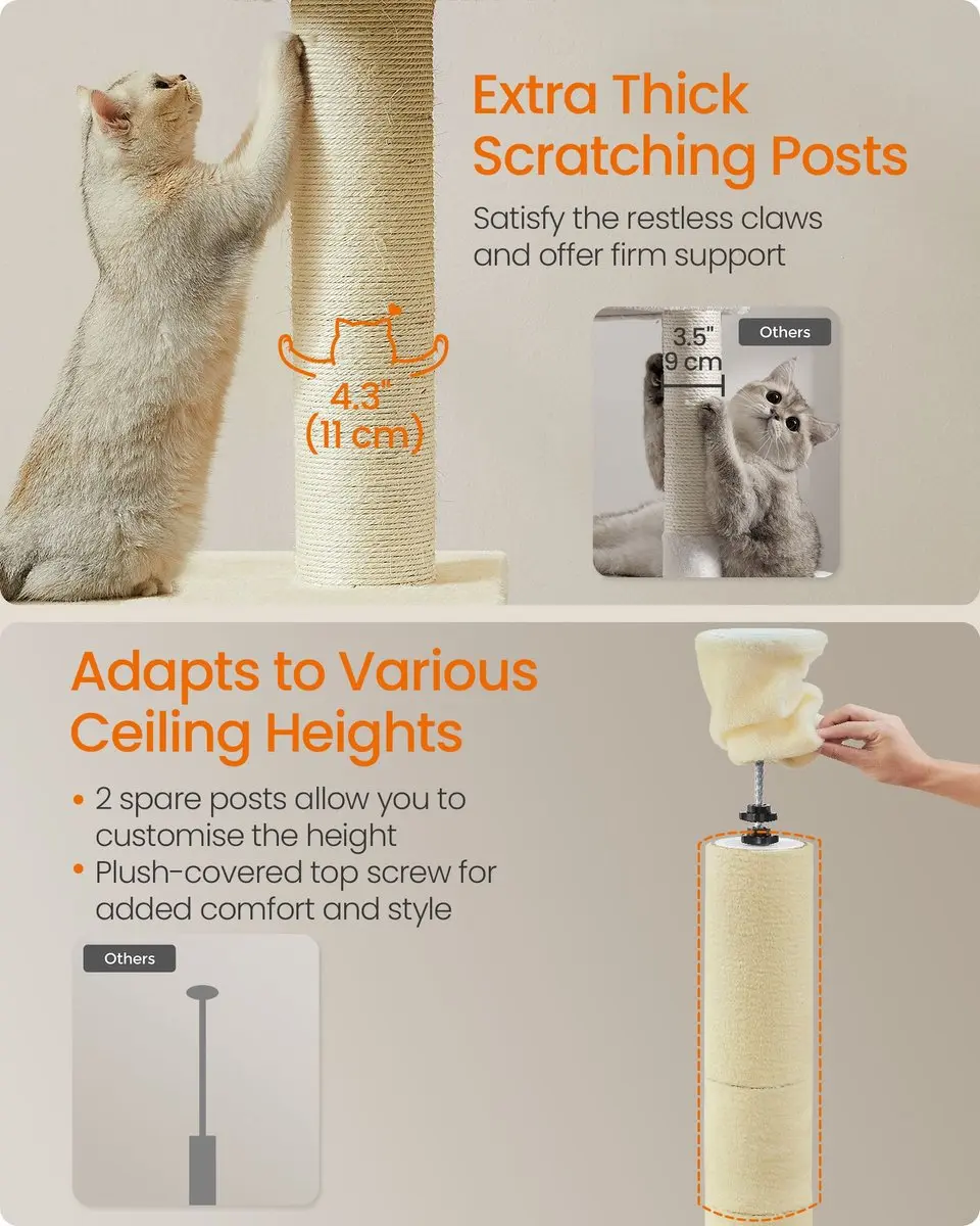 Songmics Kattenkrabpaal Beige - Verstelbaar met krabpalen, grot & hangmat