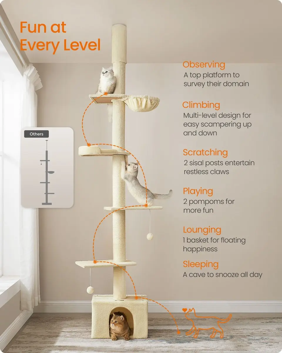 Songmics Kattenkrabpaal Beige - Verstelbaar met krabpalen, grot & hangmat