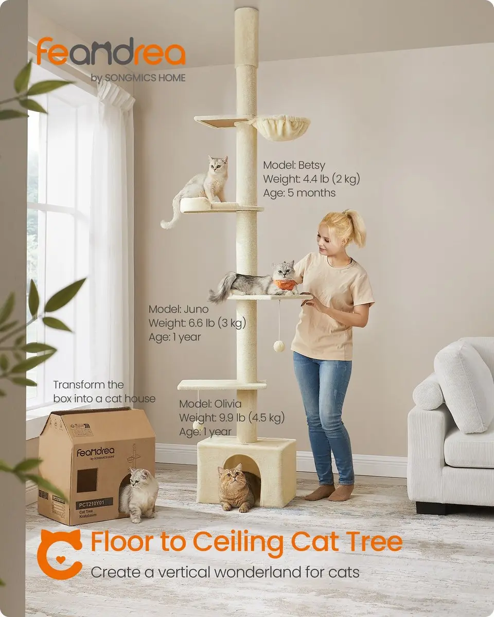 Songmics Kattenkrabpaal Beige - Verstelbaar met krabpalen, grot & hangmat
