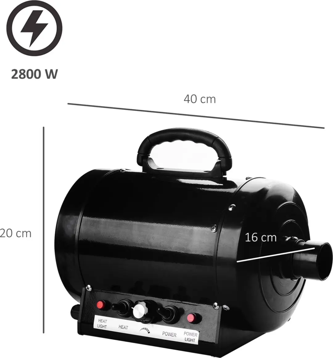 Pawhut Hondenföhn 2800W - 2 Temperatuurniveaus - Zwart