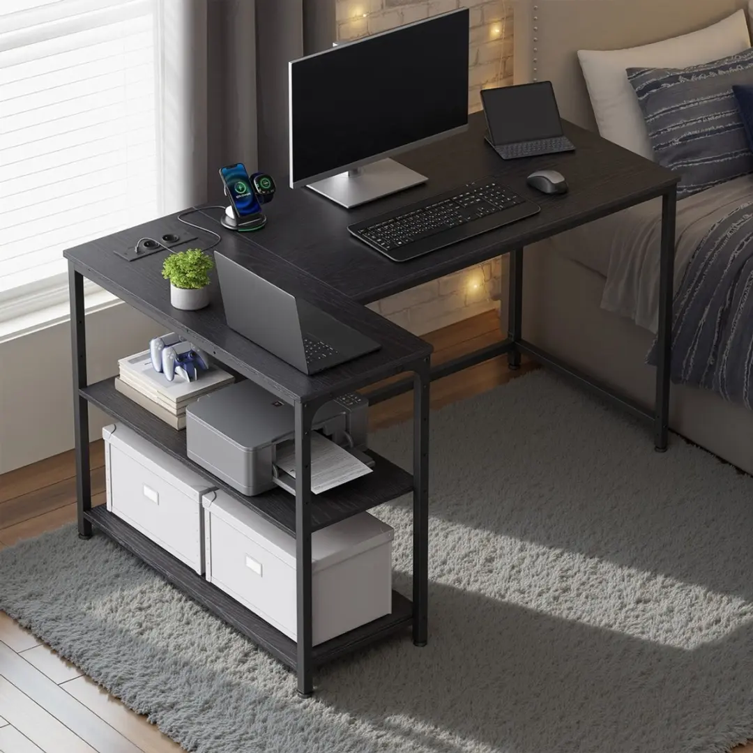 Songmics L-vormig Computerbureau 120x80cm - In hoogte verstelbare plank - USB & stopcontacten