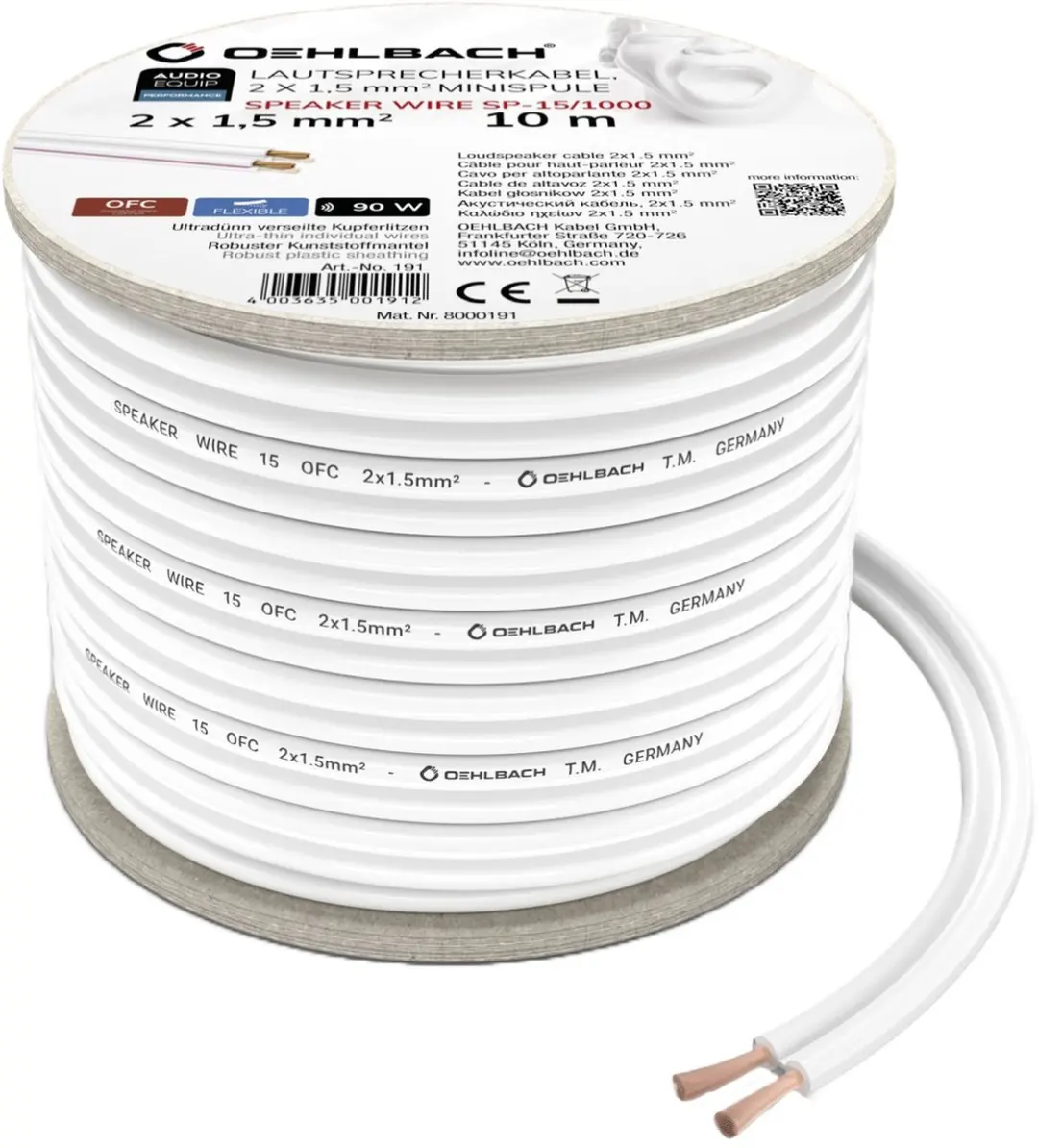 Oehlbach Luidsprekerkabel 2x1,5mm² - 10m Witte Minihaspel
