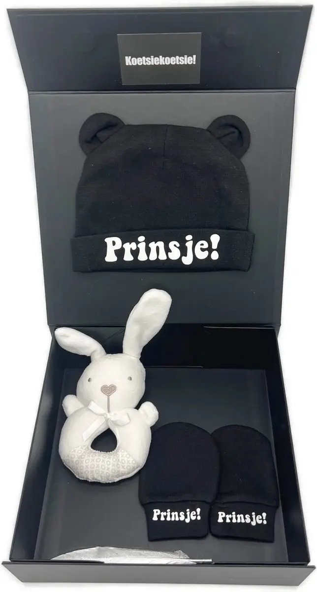 Foetsie Kraamcadeau Jongen - Babymuts Handschoentjes Rammelaar - Zwart/Wit - afbeelding 3 van 3