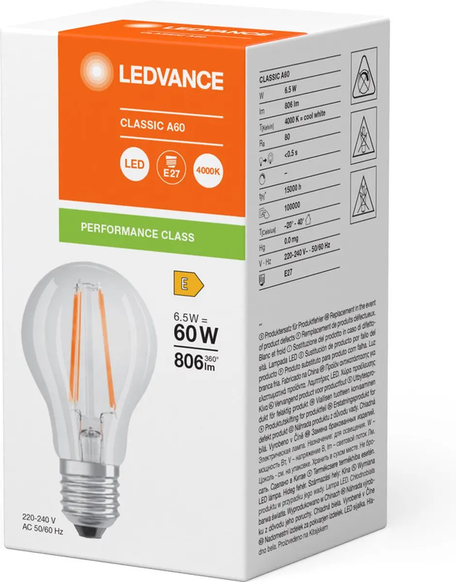 LEDVANCE A60 E27 LED Filamentlamp 6.5W 806lm - Wit
