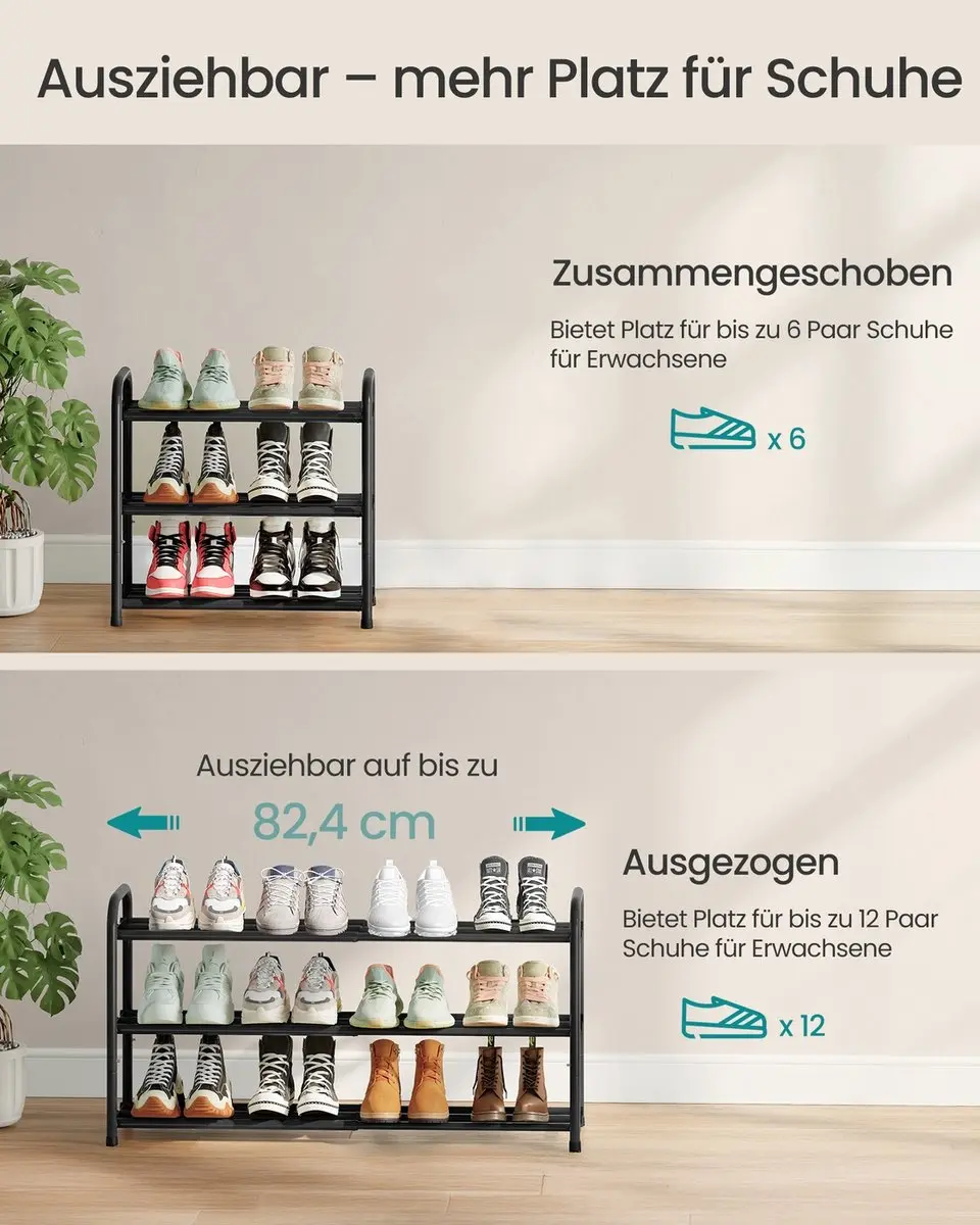 Songmics Uitschuifbaar Schoenenrek 3-niveaus - 12 Paren - Inktzwart - afbeelding 3 van 6