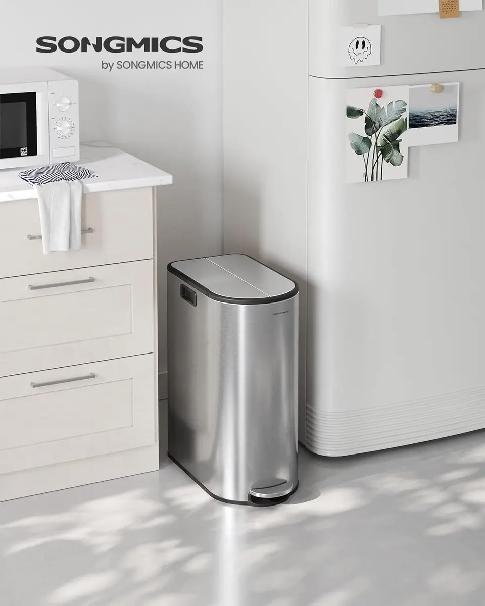 Songmics Pedaalprullenbak 50L - 2 Compartimenten - Zilver - afbeelding 4 van 6