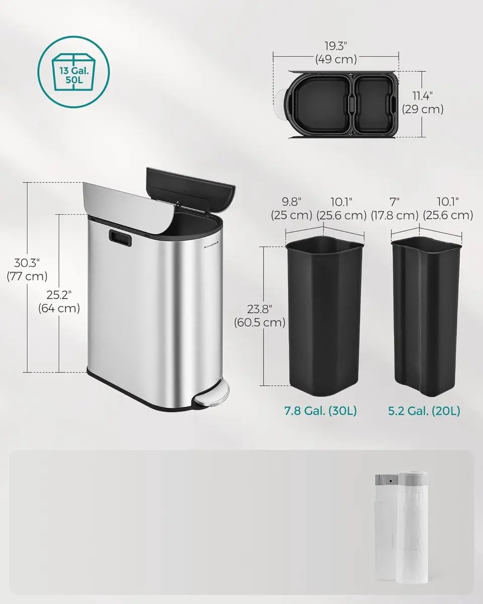 Songmics Pedaalprullenbak 50L - 2 Compartimenten - Zilver - afbeelding 2 van 6