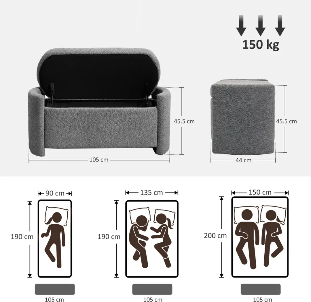 Homcom Sitzbank met opbergruimte 105x44x45,5cm - Grijs - afbeelding 4 van 6