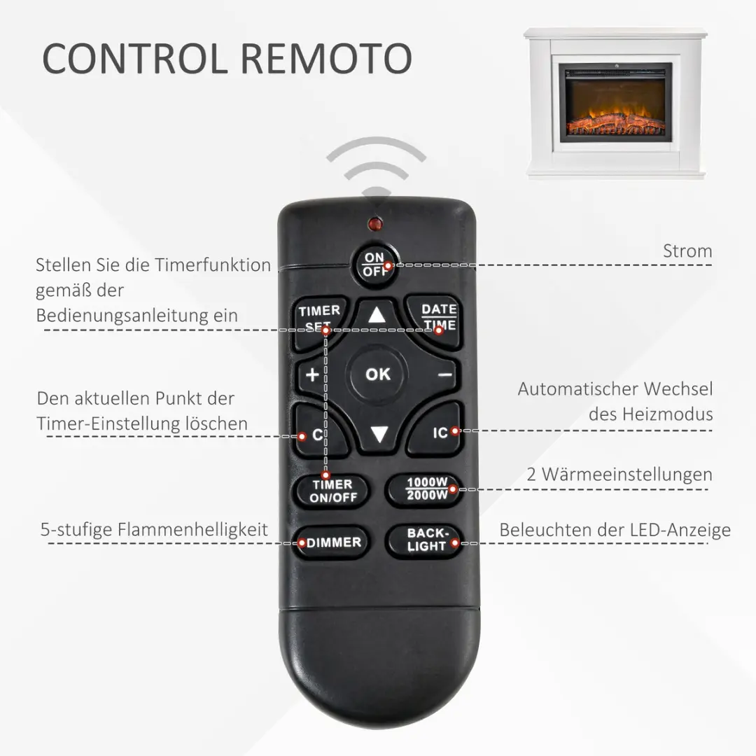 Homcom Elektrische Openhaard 2000W 98x27,5x80cm - Wit - afbeelding 4 van 6