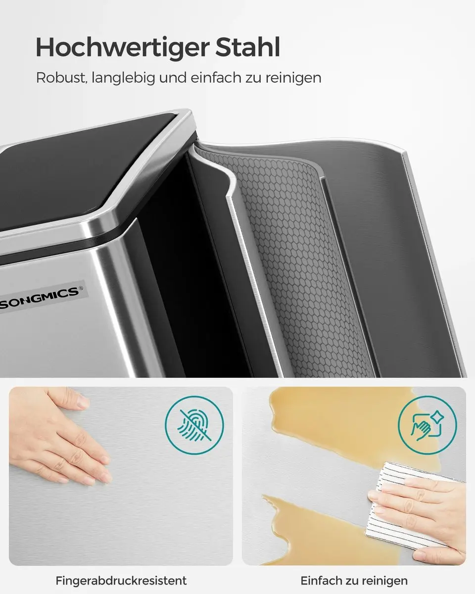 Songmics Vuilnisbak 30L Pedaal 2 Compartimenten - Zilver