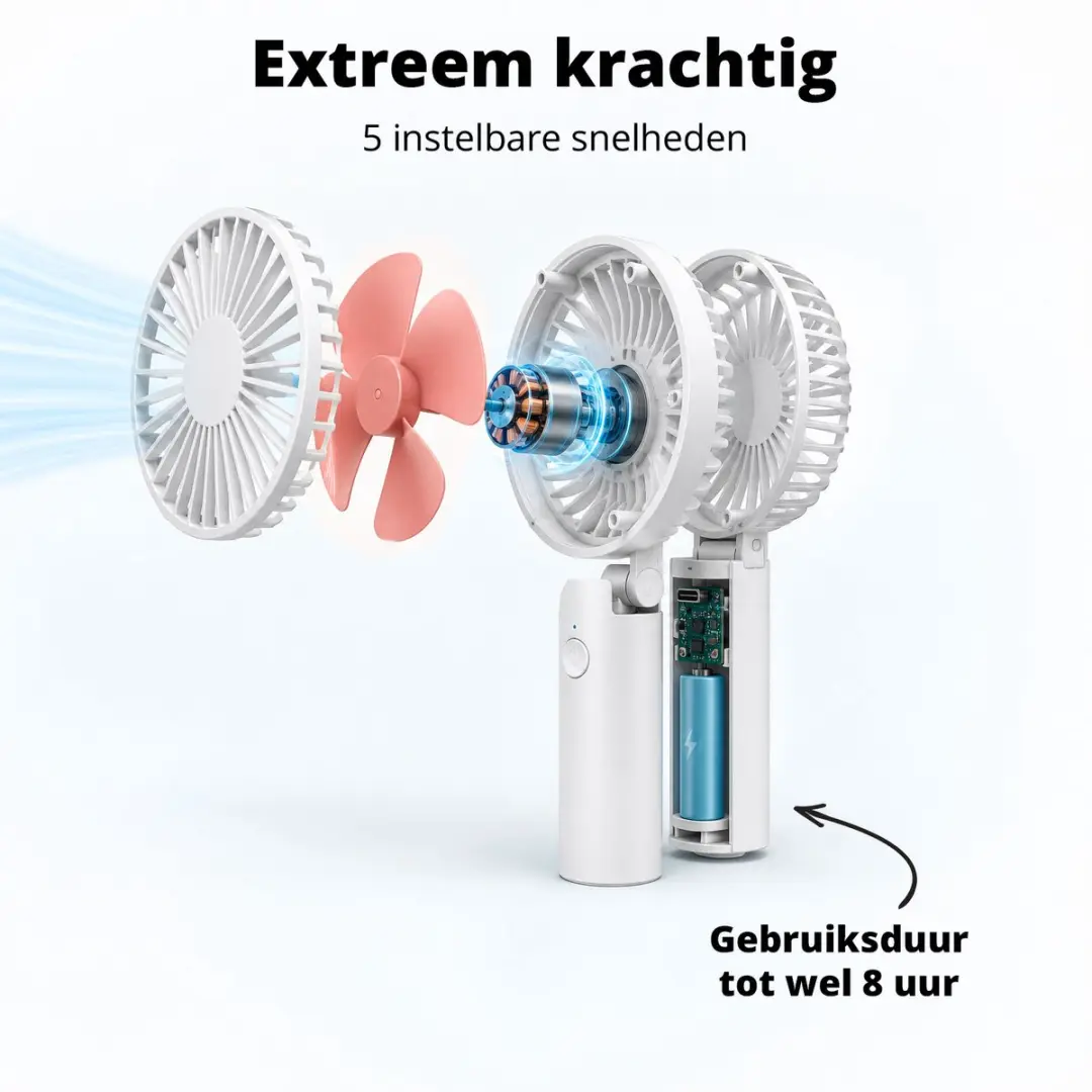 FlinQ Handventilator Mini Fan Oplaadbaar - 5W - 10cm - Wit/Roze - afbeelding 6 van 6