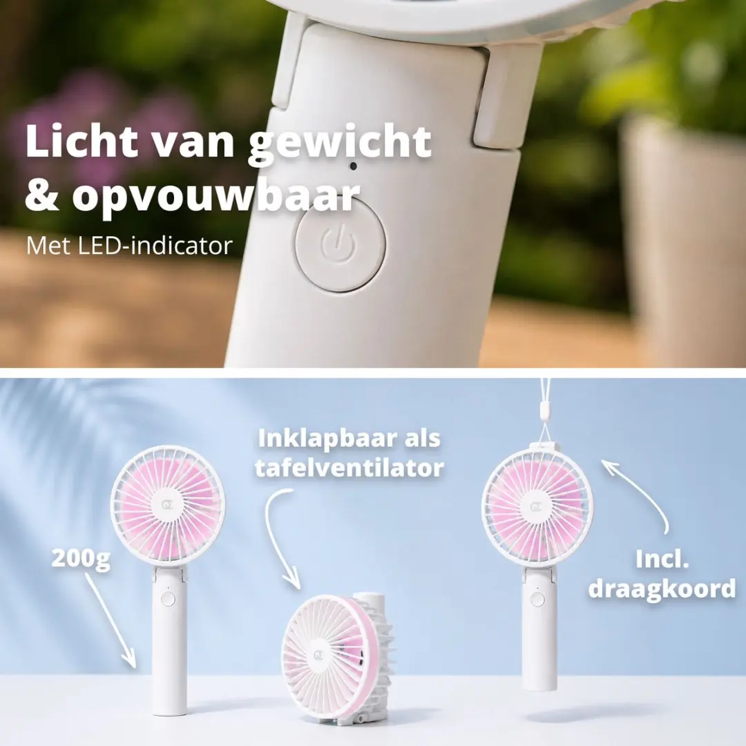FlinQ Handventilator Mini Fan Oplaadbaar - 5W - 10cm - Wit/Roze - afbeelding 4 van 6