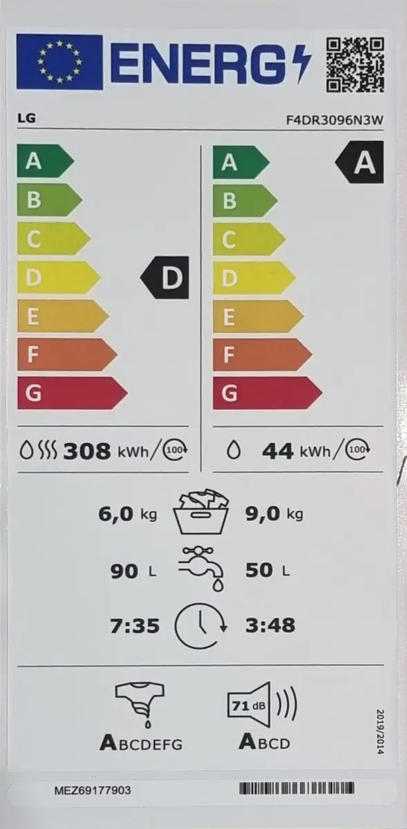 LG F4DR3096N3W Was-Droogcombinatie 9/6kg - 1400 RPM - Steam Turbowash