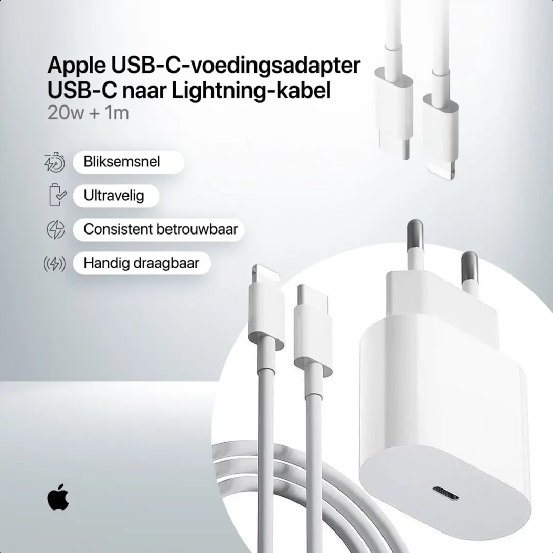 Apple 20W USB-C Oplader + USB-C naar Lightning Kabel - Wit