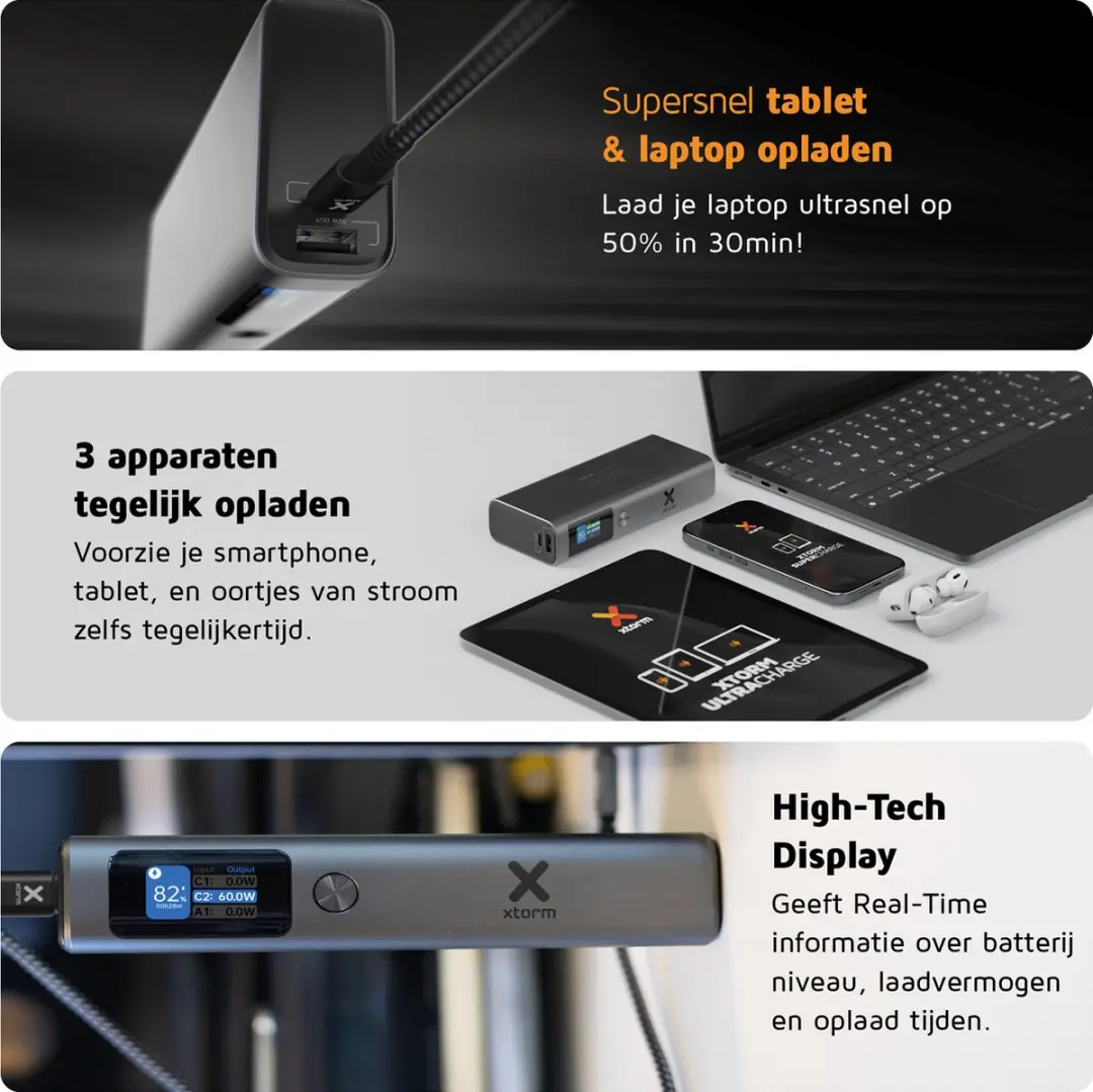 Xtorm Nova Powerbank 20000mAh 130W - 3x USB - Zwart - afbeelding 2 van 6