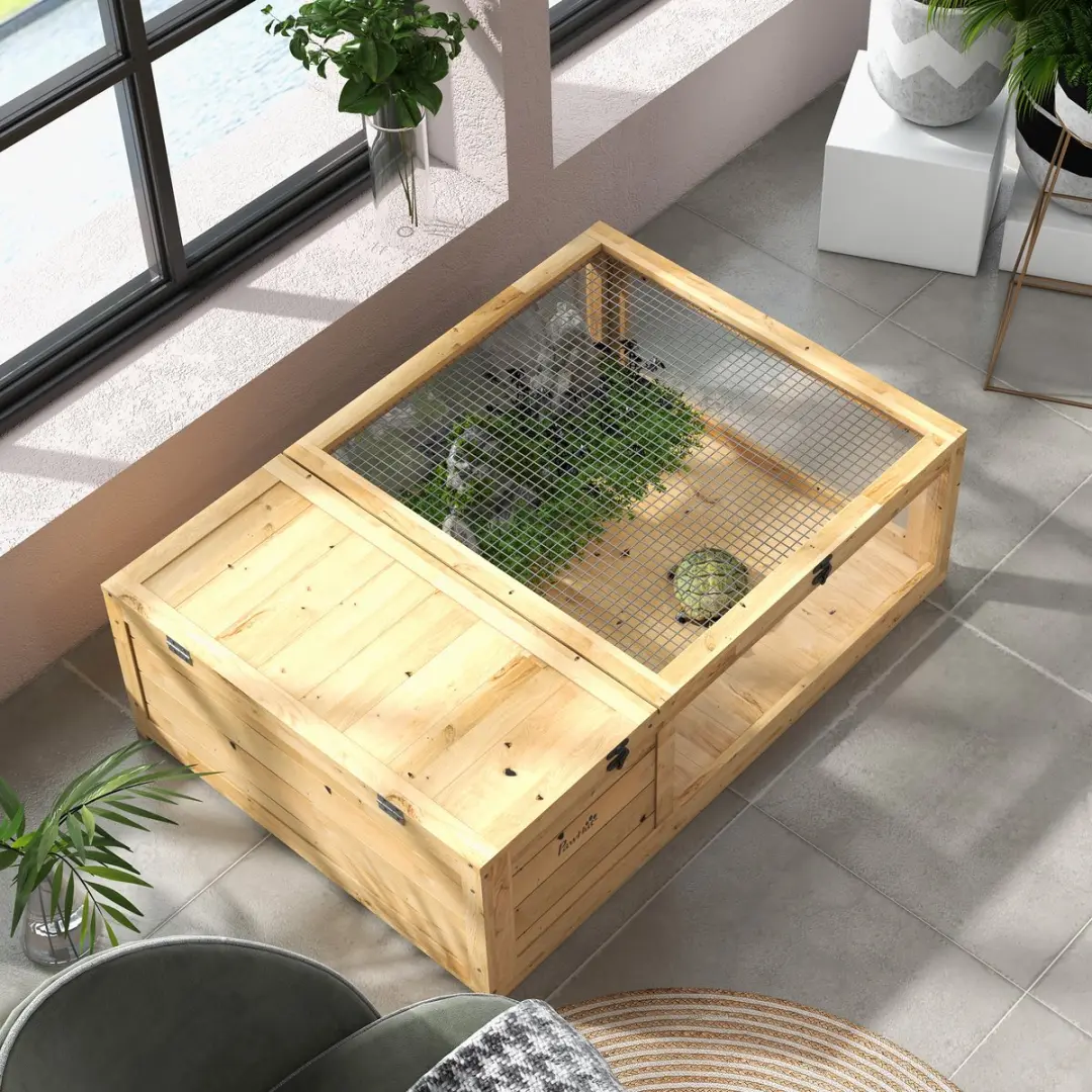 Pawhut Schildpaddenverblijf Vurenhout 91x60,5x32cm - Geel