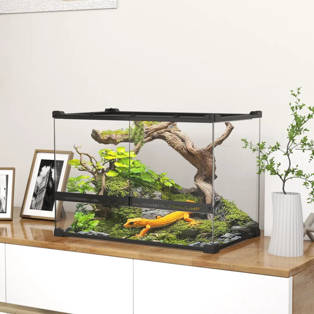 Pawhut Reptielenbox 50x30x35cm - Gehard Glas/Zwarte Staal