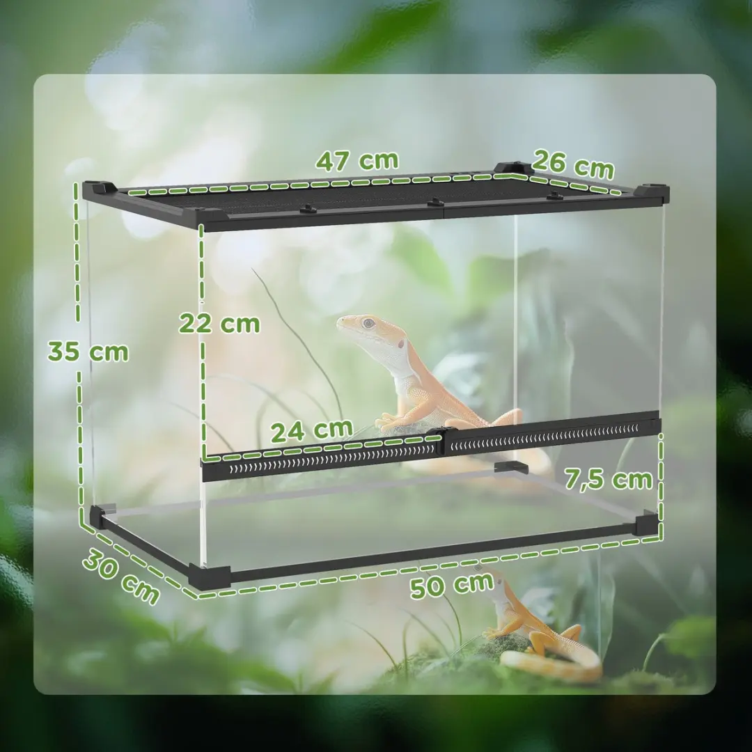 Pawhut Reptielenbox 50x30x35cm - Gehard Glas/Zwarte Staal