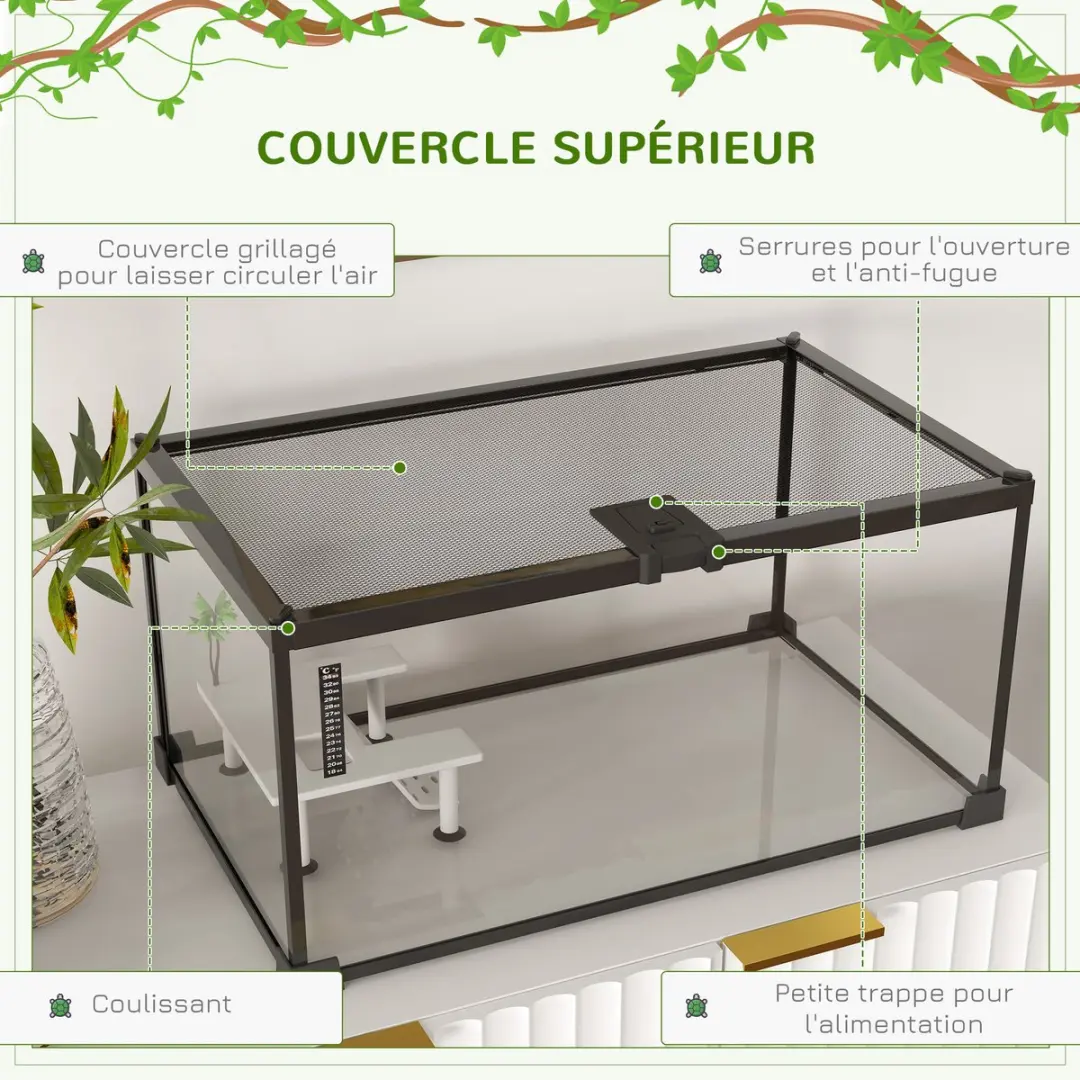Pawhut Schildpaddentank Glas 50x30x25cm - Zwart