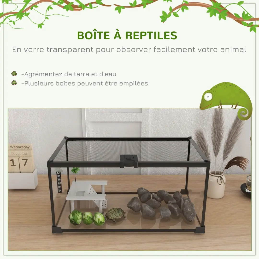 Pawhut Schildpaddentank Glas 50x30x25cm - Zwart