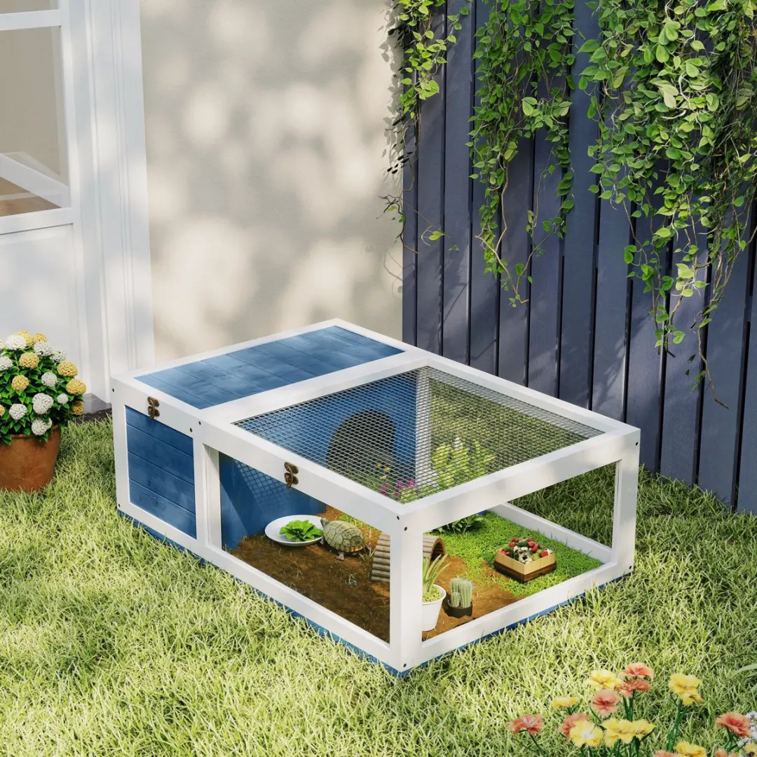 Pawhut Schildpaddenverblijf Dennenhout 91x60,5x32cm - Blauw