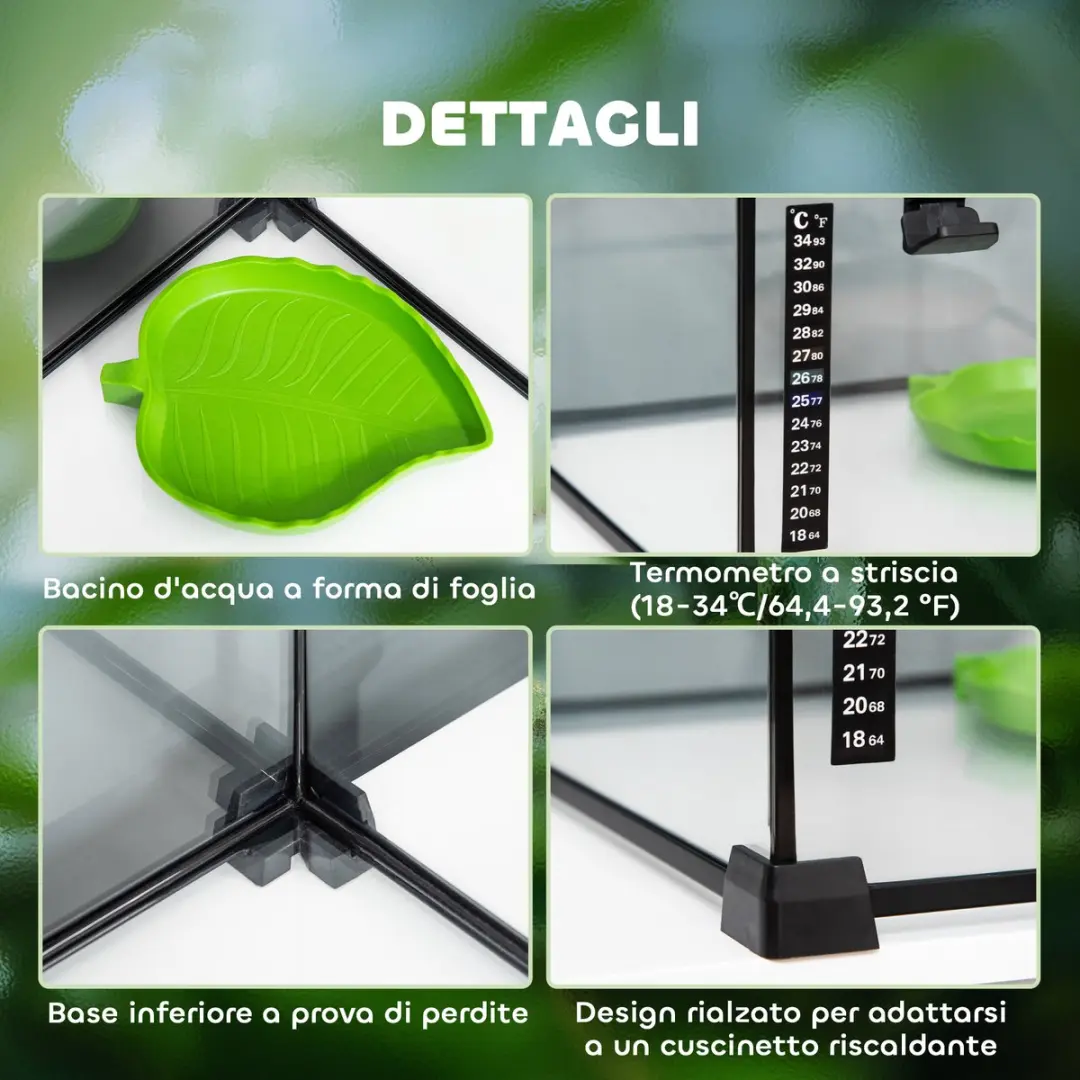 ECTEATOY Glazen Terrarium 50x30x25cm - Zwart - Met Thermometer & Waterbak