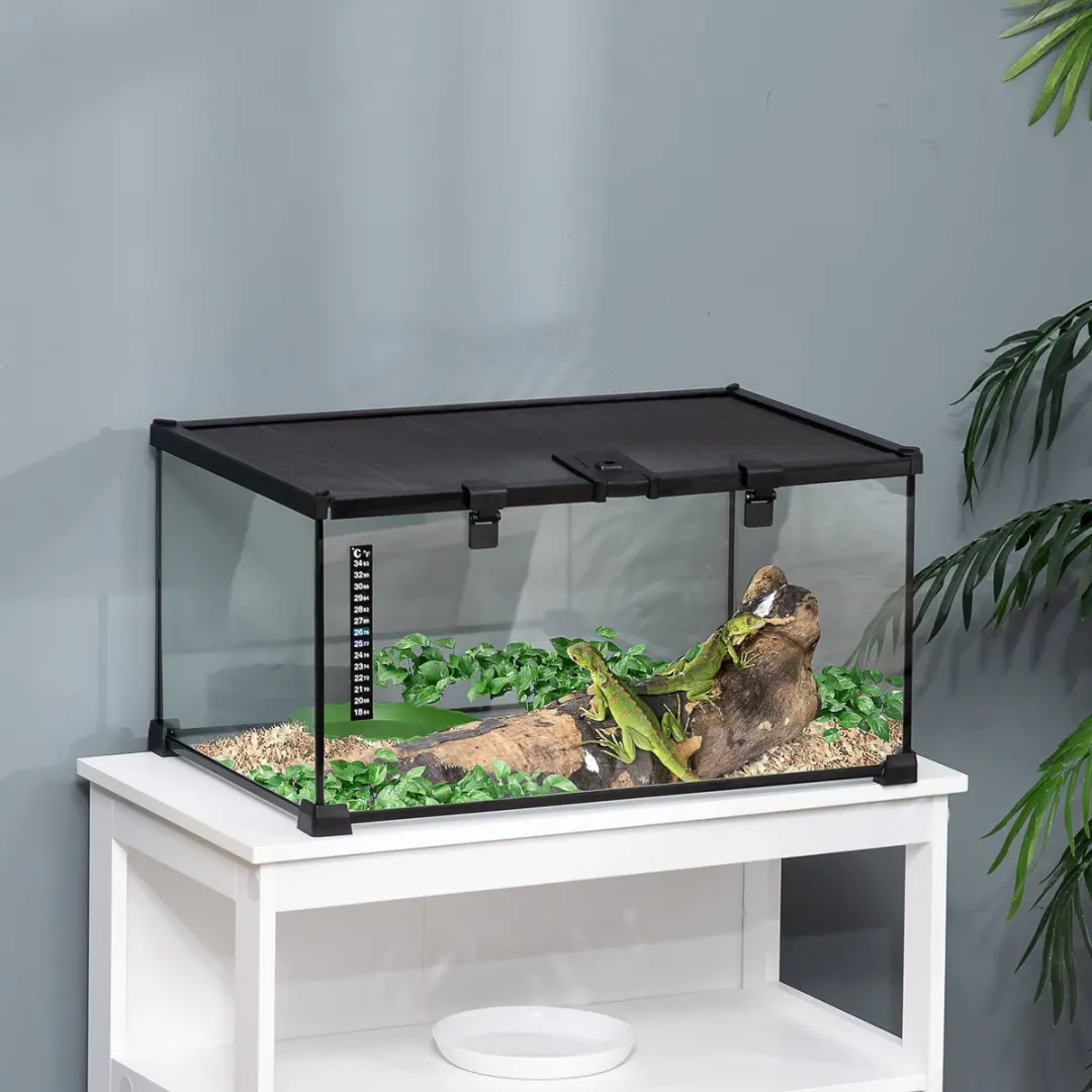 ECTEATOY Glazen Terrarium 50x30x25cm - Zwart - Met Thermometer & Waterbak