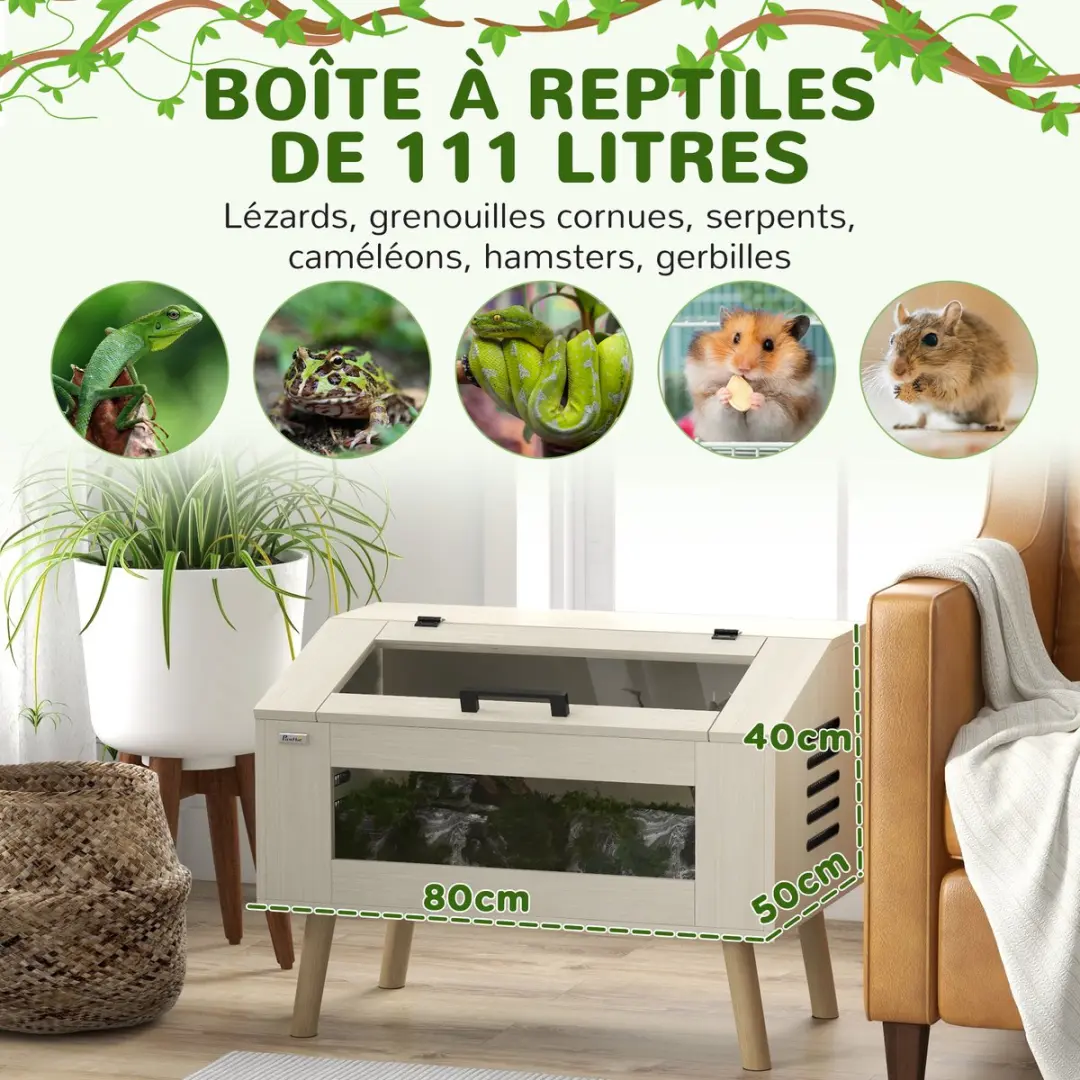 Pawhut Reptielenenterrarium 80x50x60cm - Natuurlijk hout