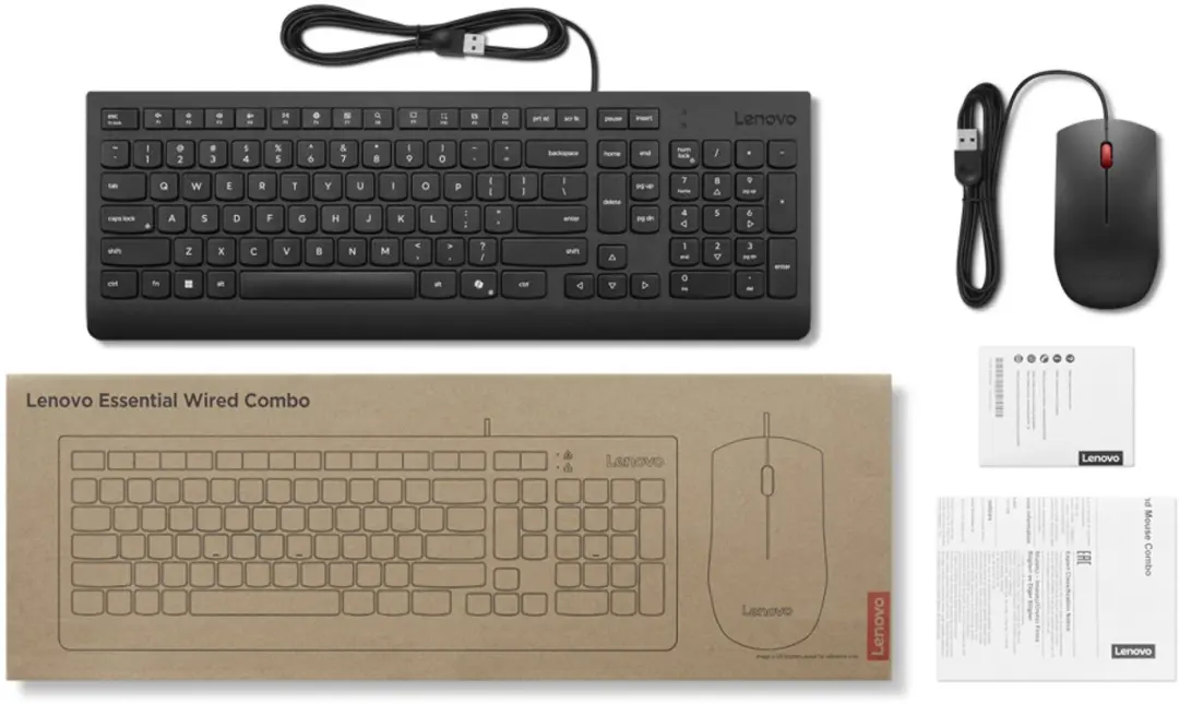 Lenovo Essential Wired Combo 4X31R64439 Toetsenbord & Muis - US Euro Layout - Zwart