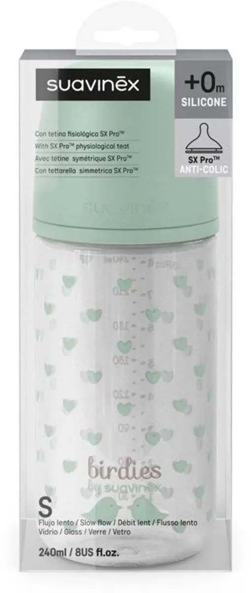 Suavinex Birdies Glas Babyfles 240ml - Groen