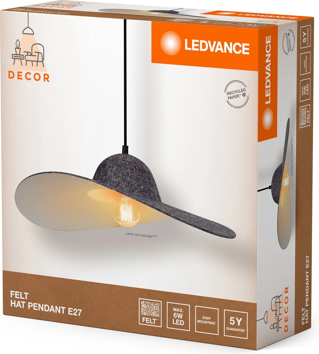 LEDVANCE Decor Felt Hat Hanglamp E27 - Donkergrijs - afbeelding 6 van 6