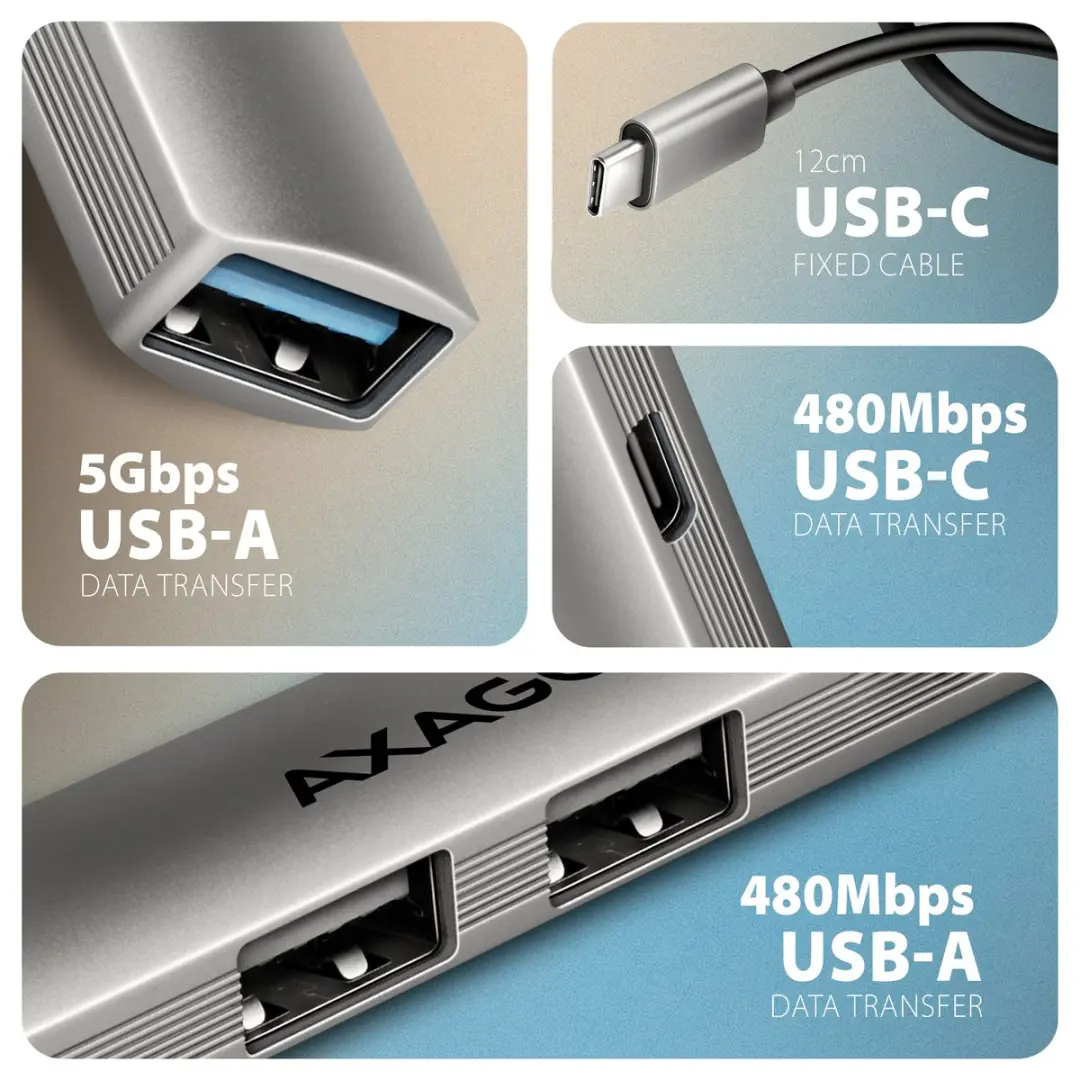Axagon HUE-STC USB-hub 4 Poorten - USB-C & USB-A 5Gbps - Zilver