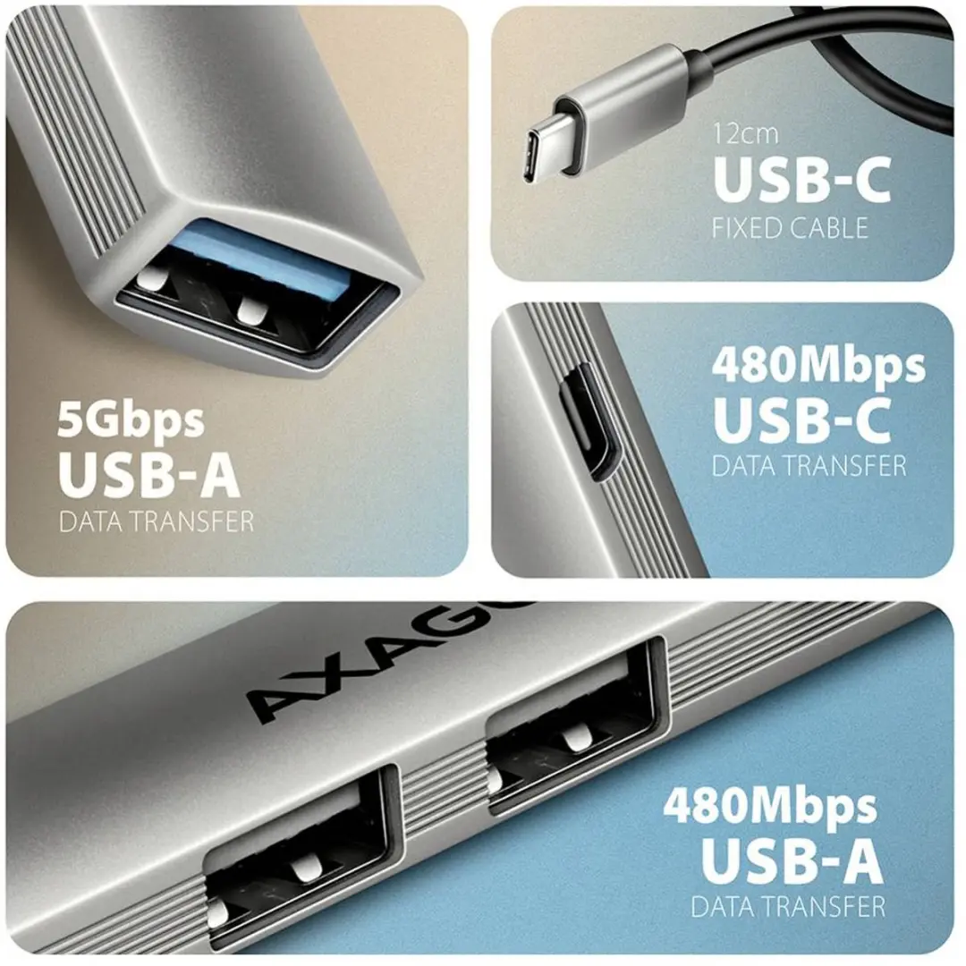 Axagon HUE-STC USB-hub 4 Poorten - USB-C & USB-A 5Gbps - Zilver - afbeelding 6 van 6