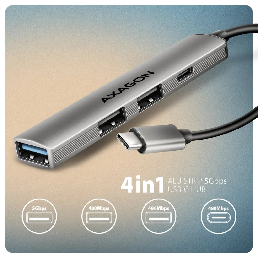 Axagon HUE-STC USB-hub 4 Poorten - USB-C & USB-A 5Gbps - Zilver