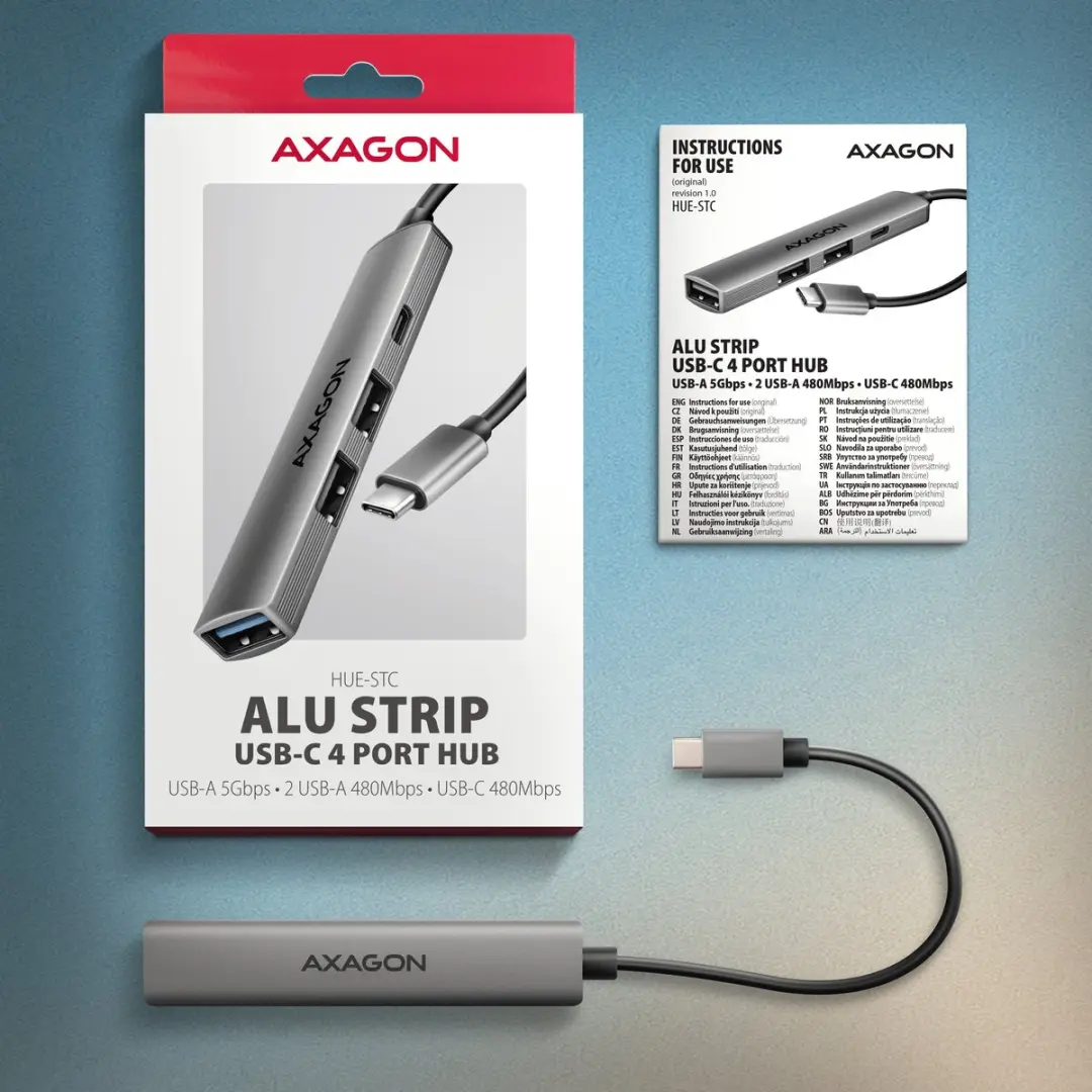 Axagon HUE-STC USB-hub 4 Poorten - USB-C & USB-A 5Gbps - Zilver